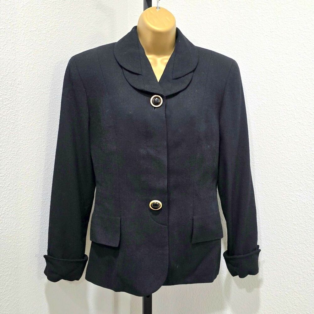 Black Wool Petal Collar Blazer Women Sz 8 Pockets Lined Office Career Minimalist